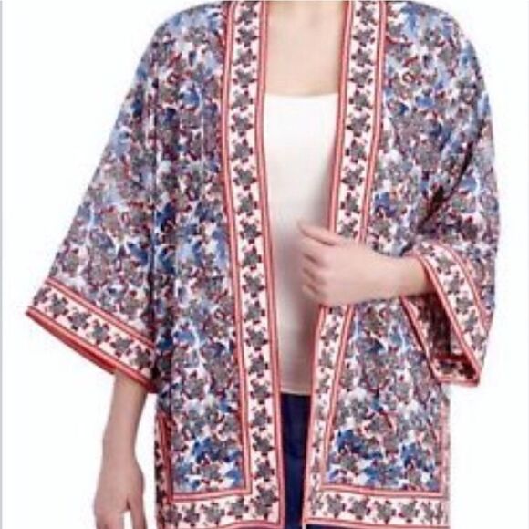 Max Edition Red White Blue Floral Print Tapestry Kimono sz L - Picture 1 of 13